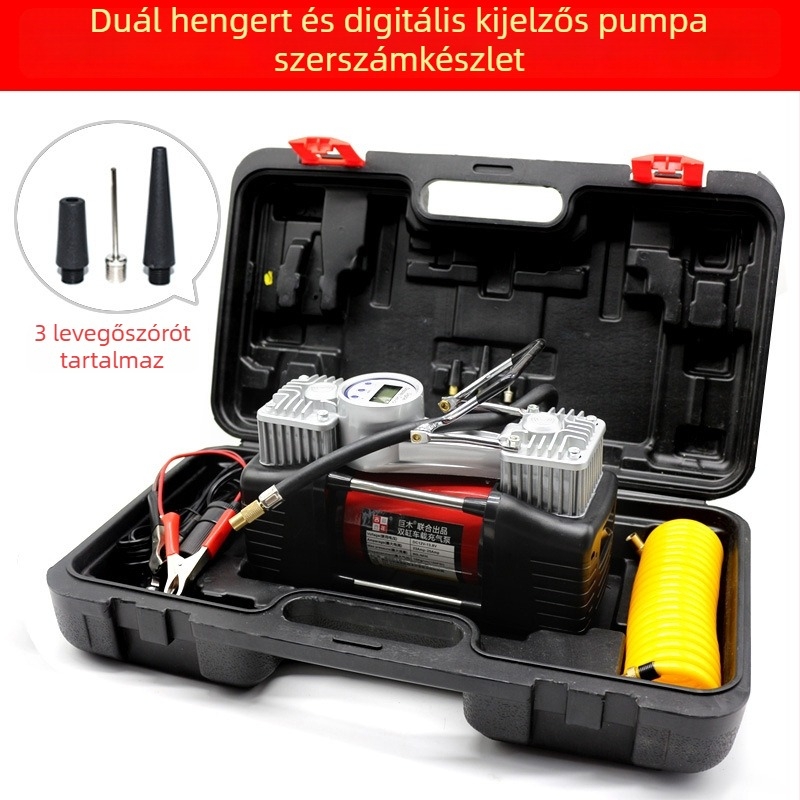 Kéthengeres 12V autó légpumpa digitális kijelzővel, 280W, 70 L/min, 3 m hosszú kábel