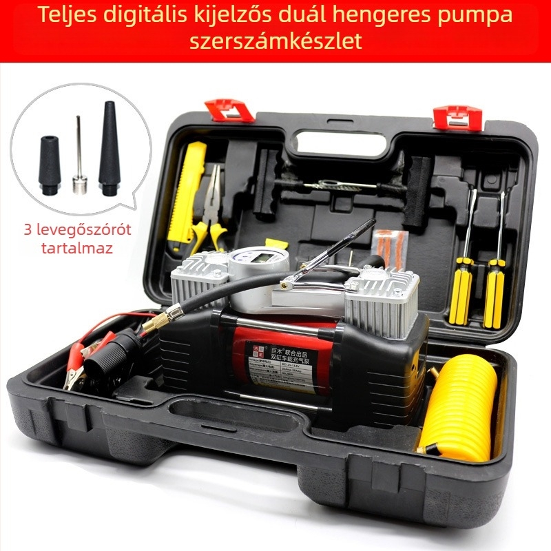 Kéthengeres 12V autó légpumpa digitális kijelzővel, 280W, 70 L/min, 3 m hosszú kábel