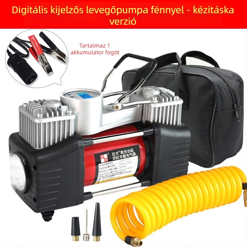 Kéthengeres 12V autó légpumpa digitális kijelzővel, 280W, 70 L/min, 3 m hosszú kábel