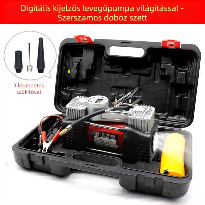 Kéthengeres 12V autó légpumpa digitális kijelzővel, 280W, 70 L/min, 3 m hosszú kábel