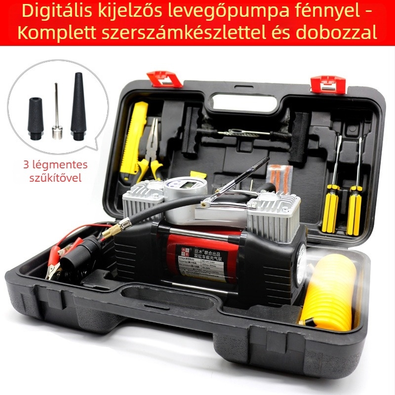 Kéthengeres 12V autó légpumpa digitális kijelzővel, 280W, 70 L/min, 3 m hosszú kábel