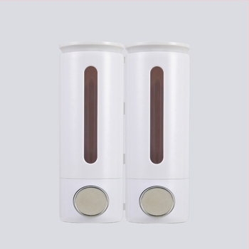 Kétfejű falra szerelhető folyadékadagoló, ABS, 500 ml × 2, kézi nyomás, fúrás nélküli telepítés