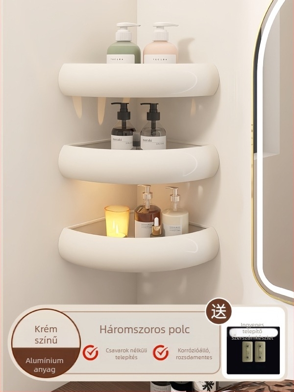 Fúrás nélküli fürdőszobai sarokpolc, űr-alumínium + ABS, 3 szint, teherbírás 15 kg