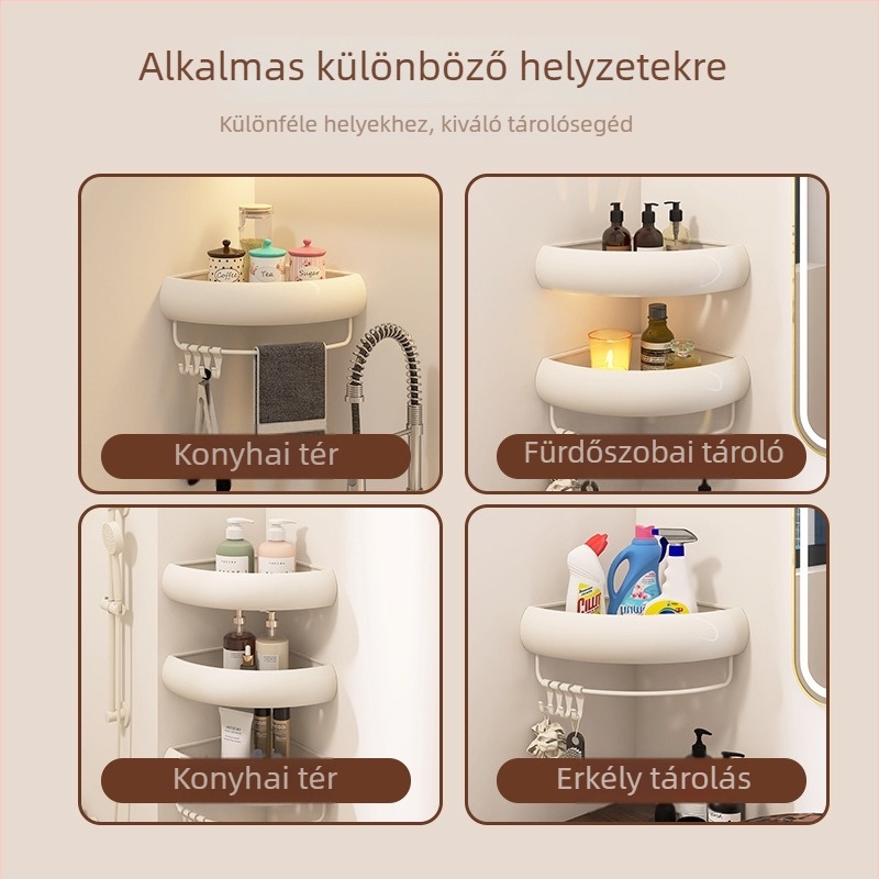 Fúrás nélküli fürdőszobai sarokpolc, űr-alumínium + ABS, 3 szint, teherbírás 15 kg