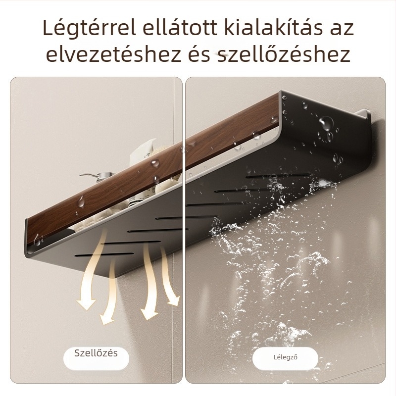 Walnut erezetű fürdőszobai fali polc, fúrás nélküli, két szintű tároló, anyag: szénacél + akril, teherbírás 25–30 kg