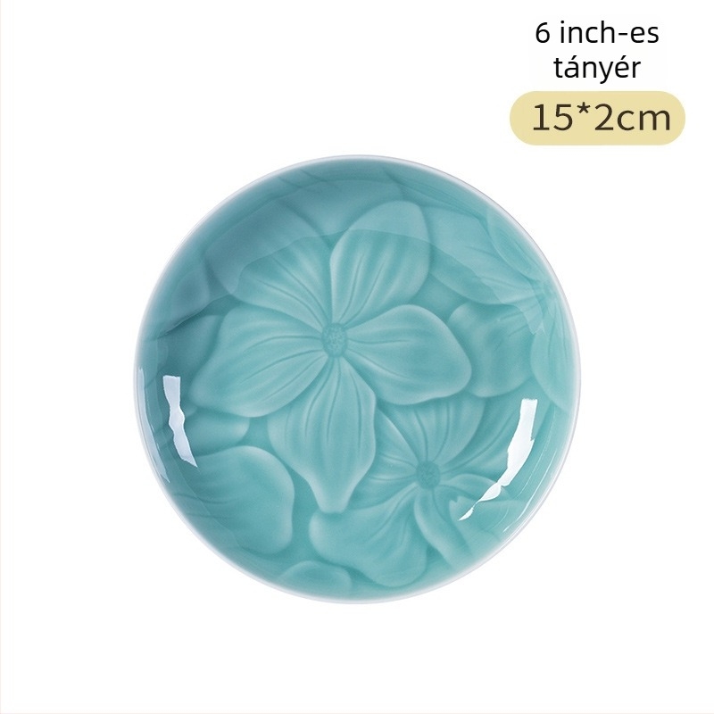 Longquan Celadon porcelán tálaló tányér, virágos minta, kerek formájú, modern minimalista stílus