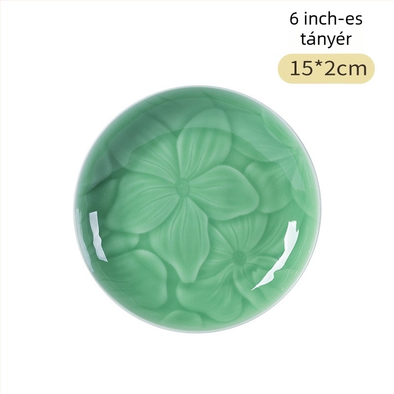 Longquan Celadon porcelán tálaló tányér, virágos minta, kerek formájú, modern minimalista stílus