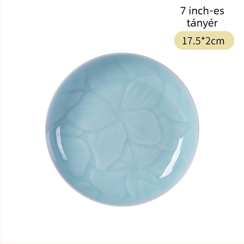 Longquan Celadon porcelán tálaló tányér, virágos minta, kerek formájú, modern minimalista stílus