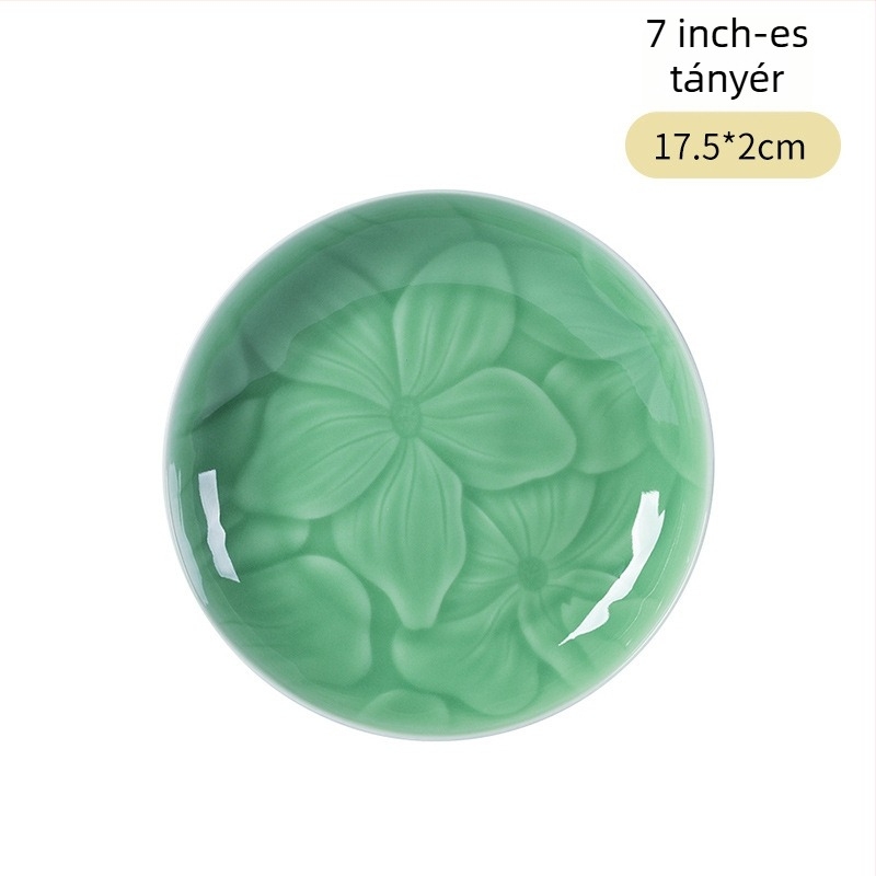Longquan Celadon porcelán tálaló tányér, virágos minta, kerek formájú, modern minimalista stílus