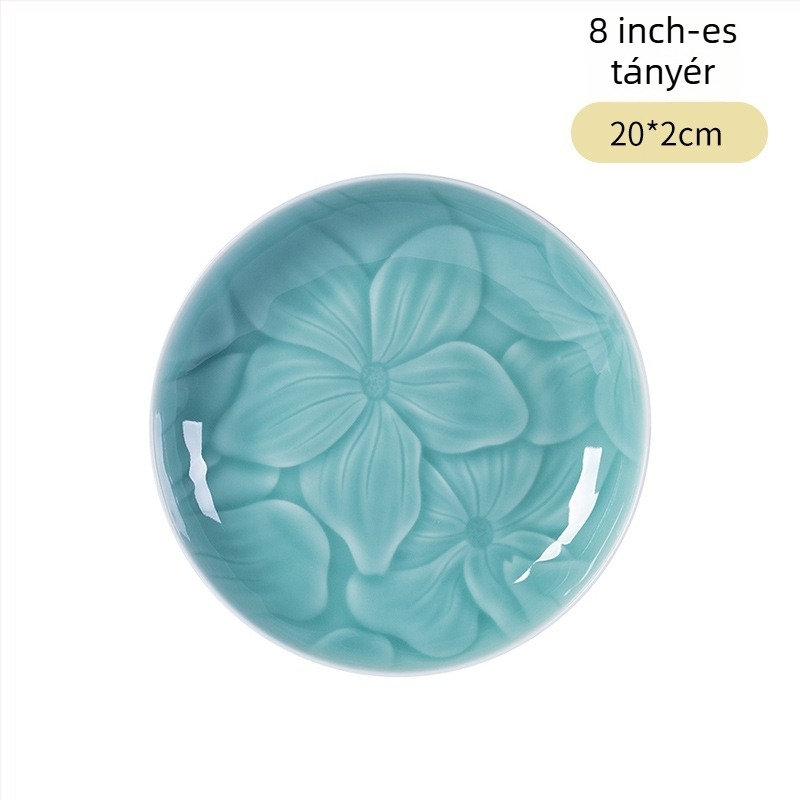 Longquan Celadon porcelán tálaló tányér, virágos minta, kerek formájú, modern minimalista stílus