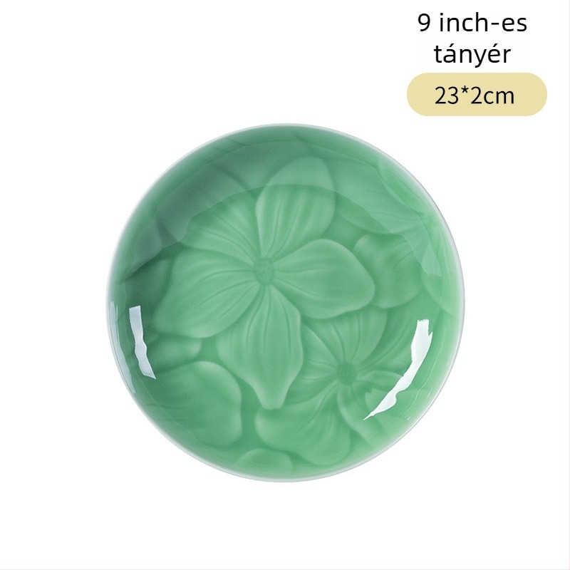 Longquan Celadon porcelán tálaló tányér, virágos minta, kerek formájú, modern minimalista stílus