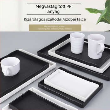 Fa textúrájú műanyag tálca, téglalap alakú, fekete, nagy méret, szállodai szobákhoz – tisztálkodási termékek és teáscsészék számára