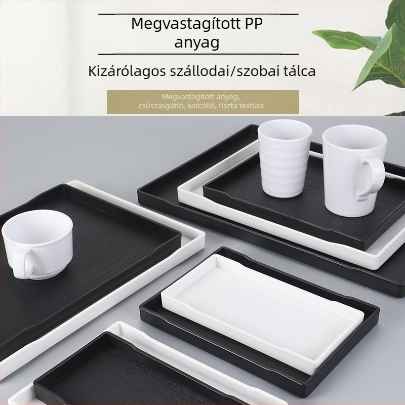 Fa textúrájú műanyag tálca, téglalap alakú, fekete, nagy méret, szállodai szobákhoz – tisztálkodási termékek és teáscsészék számára
