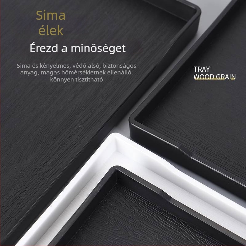 Fa textúrájú műanyag tálca, téglalap alakú, fekete, nagy méret, szállodai szobákhoz – tisztálkodási termékek és teáscsészék számára