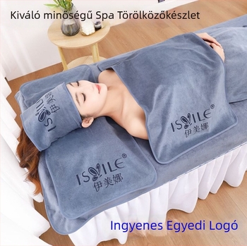 Szépségszalon törölközőkészlet: párnátörölköző, mellkas törölköző lyukkal, ágyneműtörölköző és turbántörölköző; mikroszálas anyag, 430 gsm, 80% mikroszál + nylon; logóval testre szabható; hímzett él