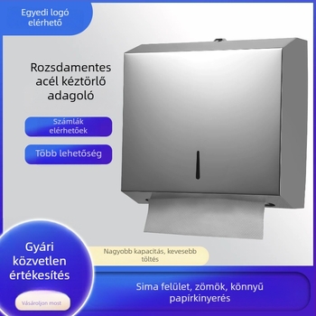 Fali papírtörlő doboz, súrolt rozsdamentes acélból, fúratmentes szereléssel, konyhához és fürdőszobához