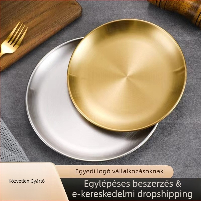 Rozsdamentes acélból készült kör alakú büfélemez, csiszolt felülettel, modern minimalist stílus, szállodákhoz és étkezésekhez