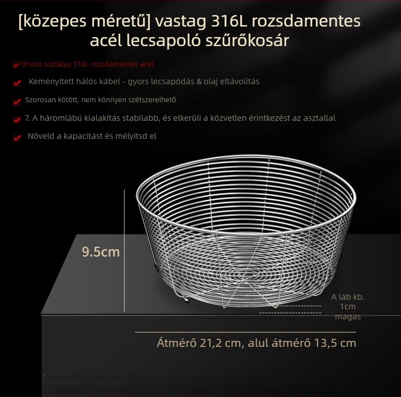 Rozsdamentes acélból készült kerek leeresztő kosár a konyhai mosogatóhoz – szita és gyümölcs tároló, modern stílus