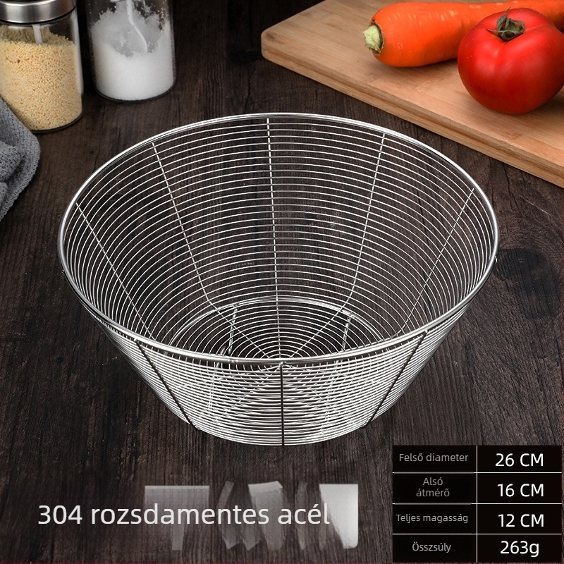 Rozsdamentes acélból készült kerek leeresztő kosár a konyhai mosogatóhoz – szita és gyümölcs tároló, modern stílus