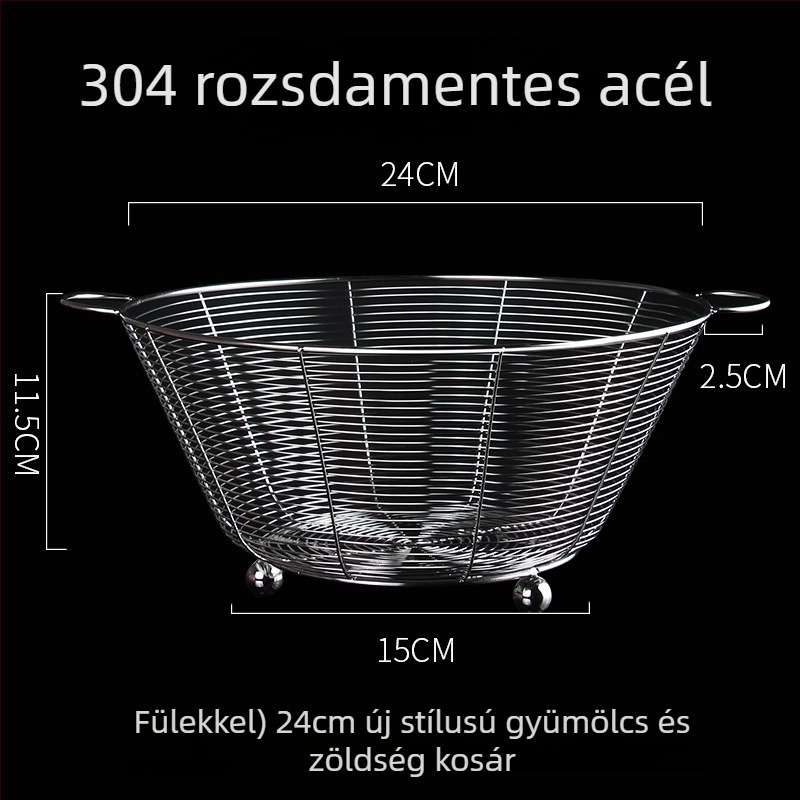 Rozsdamentes acélból készült kerek leeresztő kosár a konyhai mosogatóhoz – szita és gyümölcs tároló, modern stílus