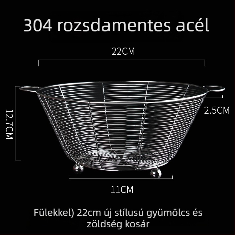 Rozsdamentes acélból készült kerek leeresztő kosár a konyhai mosogatóhoz – szita és gyümölcs tároló, modern stílus