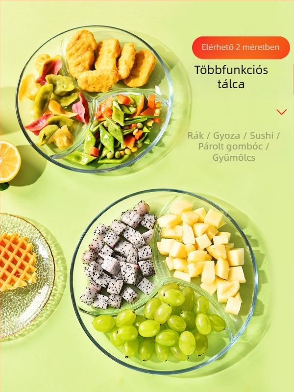 Üveg gyümölcstál rekeszes kialakítással, otthoni használatra, könnyű lux stílus a nappaliba