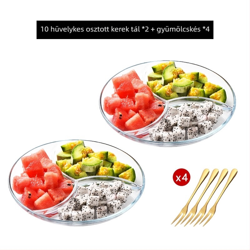 Üveg gyümölcstál rekeszes kialakítással, otthoni használatra, könnyű lux stílus a nappaliba