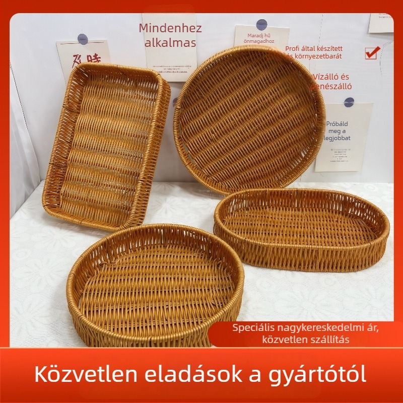 Kézzel szövött műanyag tároló kosár imitált rattan mintával – modell T6208, pásztor jellegű stílus, gyümölcsök, zöldségek, CD-k és irodai kellékek számára