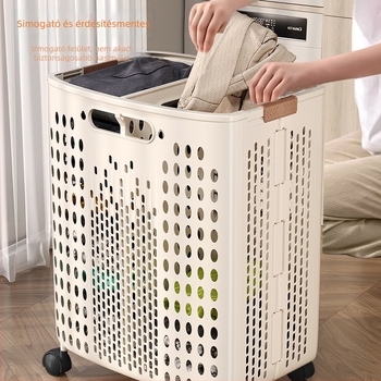 Kerekes szennyeskosár, nagy kapacitású, összecsukható, műanyag, modern minimalista stílus