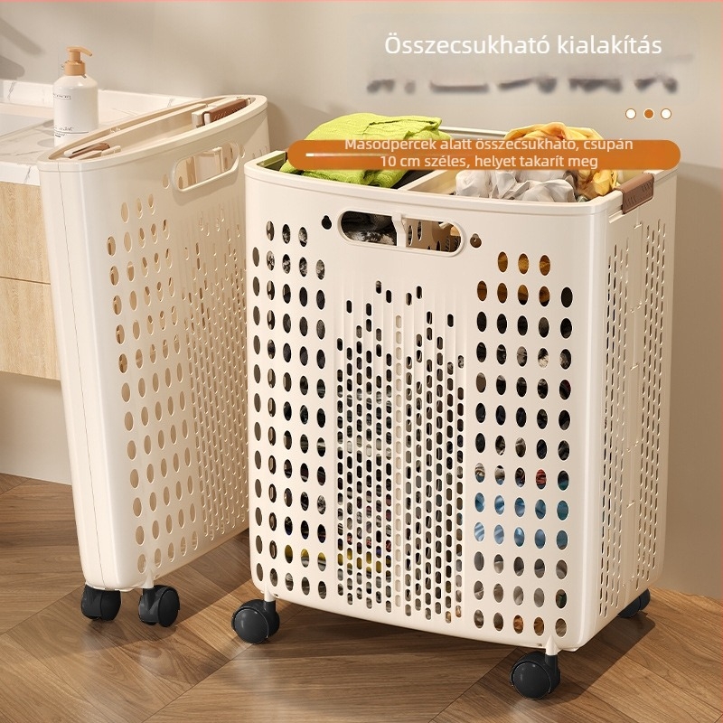 Kerekes szennyeskosár, nagy kapacitású, összecsukható, műanyag, modern minimalista stílus