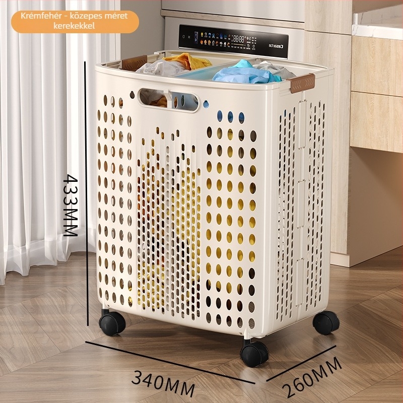 Kerekes szennyeskosár, nagy kapacitású, összecsukható, műanyag, modern minimalista stílus