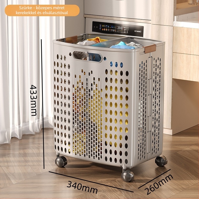 Kerekes szennyeskosár, nagy kapacitású, összecsukható, műanyag, modern minimalista stílus