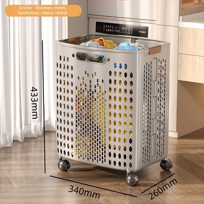 Kerekes szennyeskosár, nagy kapacitású, összecsukható, műanyag, modern minimalista stílus