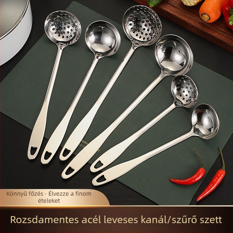 Rozsdamentes acél leveses kanál és szűrő készlet, hosszú nyele, vastított kivitelben, forrófazékhoz, kereskedelmi konyhának