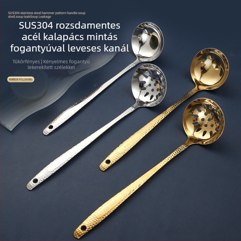 304 rozsdamentes acélból készült hosszú nyeletű leveskanál forró fazékhoz, magas hőmérséklet-ellenállás, égésvédelem, logó nyomtatás elérhető