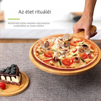 Fa pizza tál fogantyúval, bambusz, szabálytalan alak, skandináv stílus, lézeres logó gravírozás elérhető