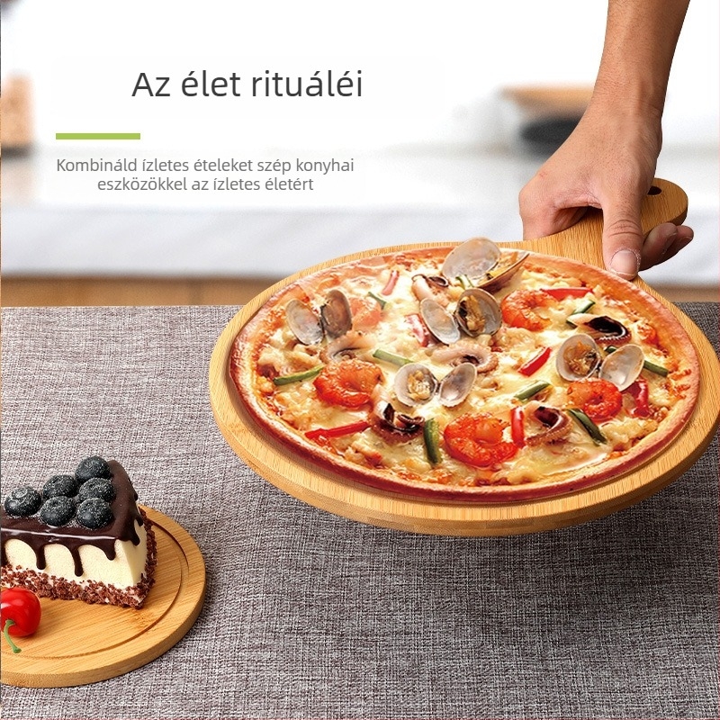 Fa pizza tál fogantyúval, bambusz, szabálytalan alak, skandináv stílus, lézeres logó gravírozás elérhető