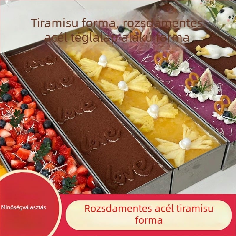 Hosszúkás téglalap alakú rozsdamentes acél tortaforma fedéllel, tiramisú mousse süteményhez
