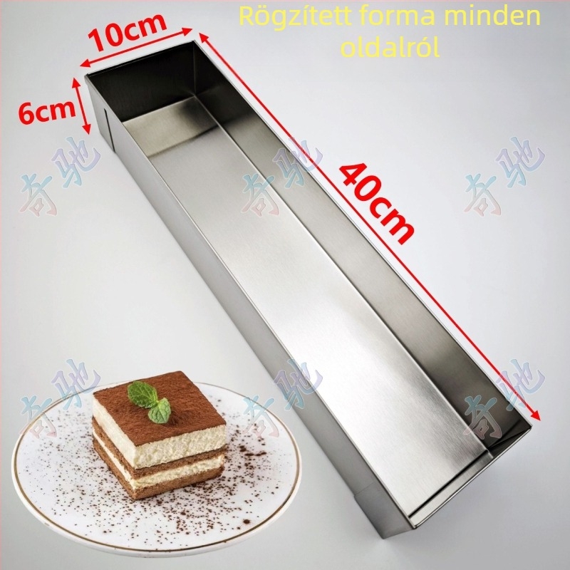 Hosszúkás téglalap alakú rozsdamentes acél tortaforma fedéllel, tiramisú mousse süteményhez