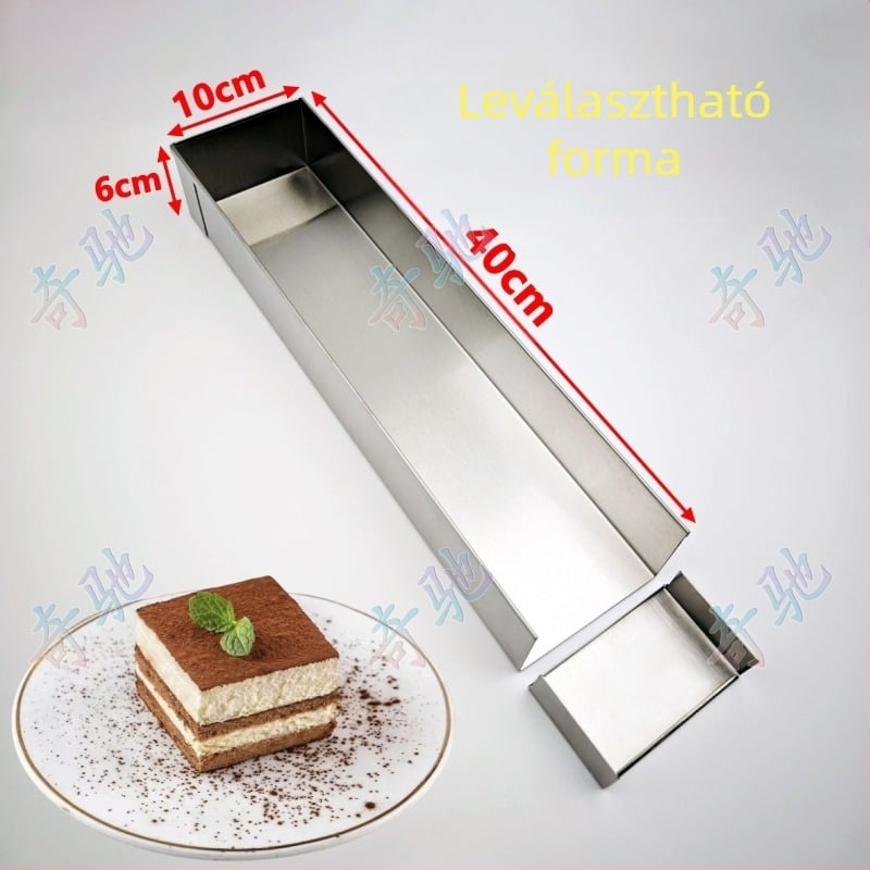 Hosszúkás téglalap alakú rozsdamentes acél tortaforma fedéllel, tiramisú mousse süteményhez