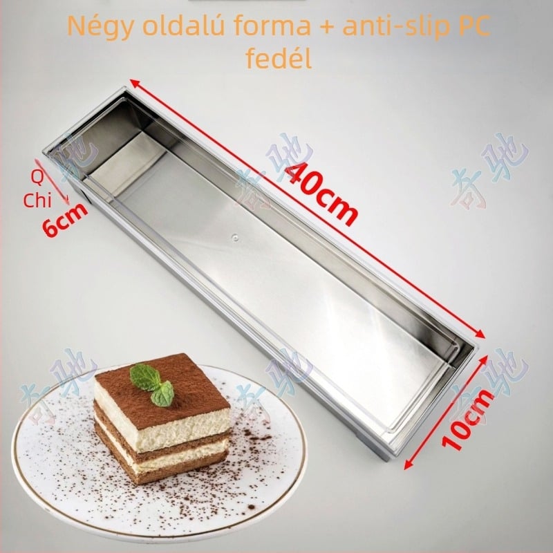 Hosszúkás téglalap alakú rozsdamentes acél tortaforma fedéllel, tiramisú mousse süteményhez