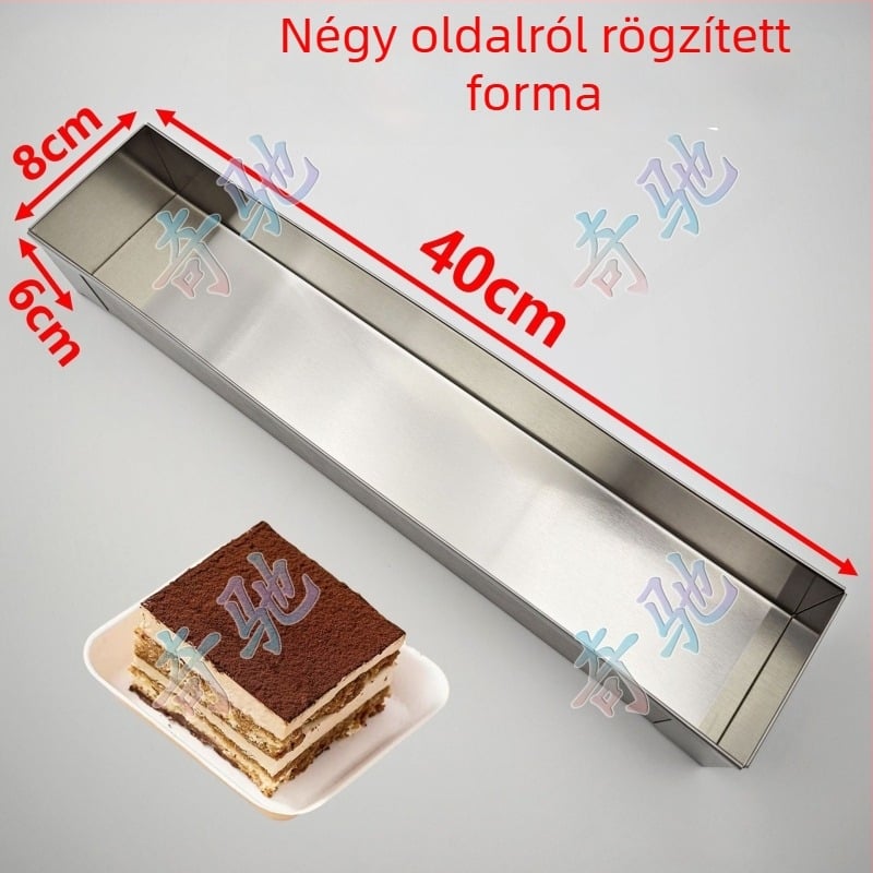 Hosszúkás téglalap alakú rozsdamentes acél tortaforma fedéllel, tiramisú mousse süteményhez