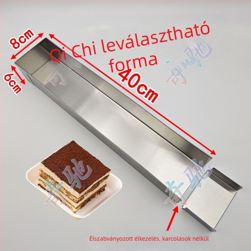 Hosszúkás téglalap alakú rozsdamentes acél tortaforma fedéllel, tiramisú mousse süteményhez