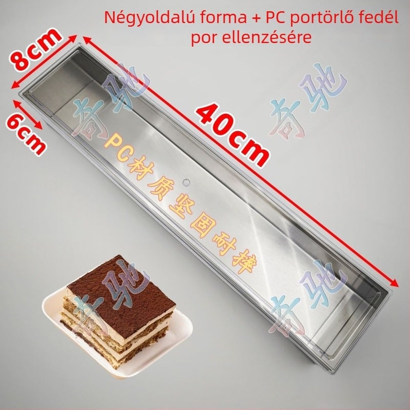 Hosszúkás téglalap alakú rozsdamentes acél tortaforma fedéllel, tiramisú mousse süteményhez