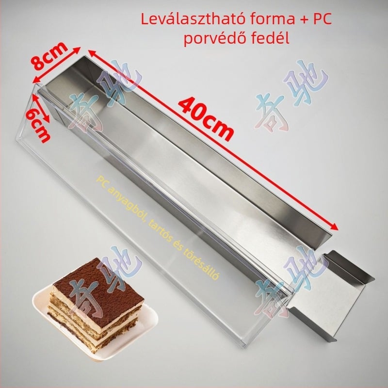 Hosszúkás téglalap alakú rozsdamentes acél tortaforma fedéllel, tiramisú mousse süteményhez