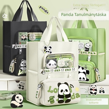 Panda tanuló táska – vászon, cipzáras, téglalap alakú