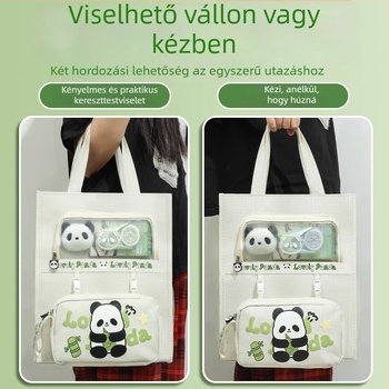 Panda tanuló táska – vászon, cipzáras, téglalap alakú