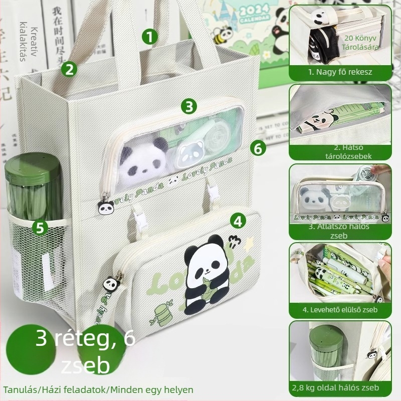 Panda tanuló táska – vászon, cipzáras, téglalap alakú