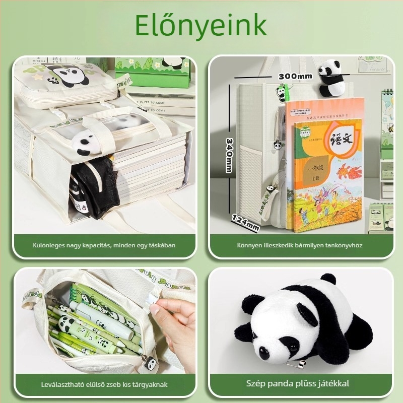 Panda tanuló táska – vászon, cipzáras, téglalap alakú