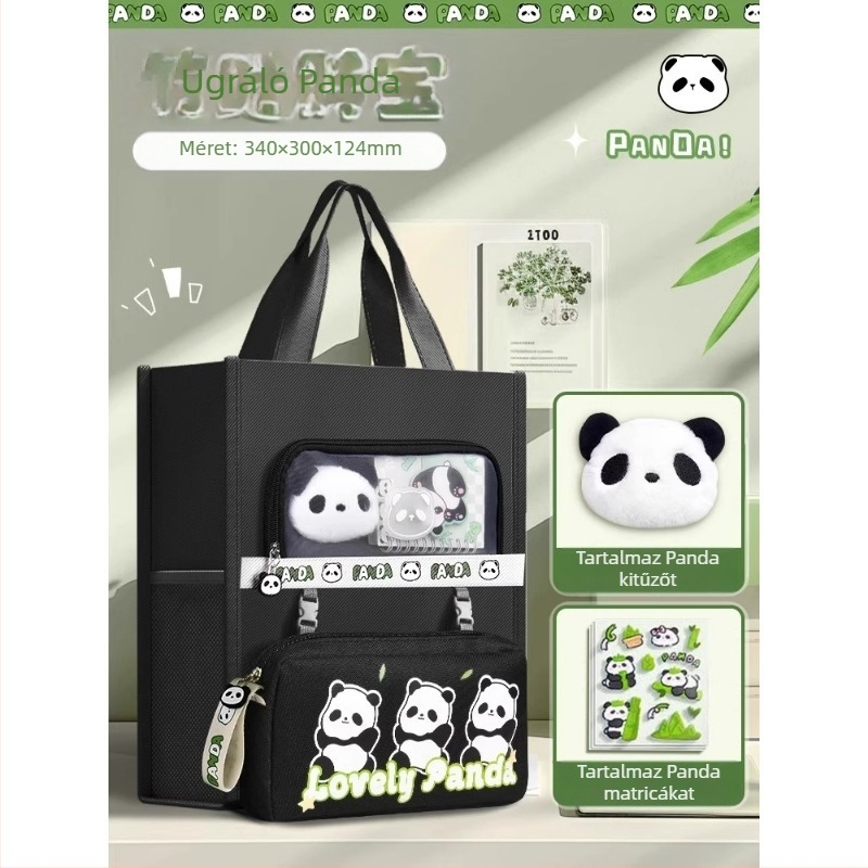 Panda tanuló táska – vászon, cipzáras, téglalap alakú